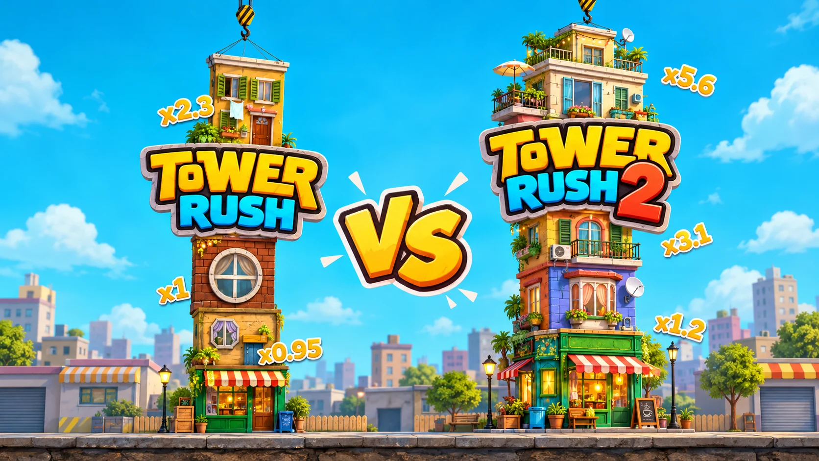 Ilustración editorial de dos torres con los nombres Tower Rush y Tower Rush 2, separadas por VS.